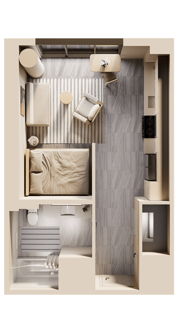 a 3d rendering of a bedroom with a bed and a bathroom